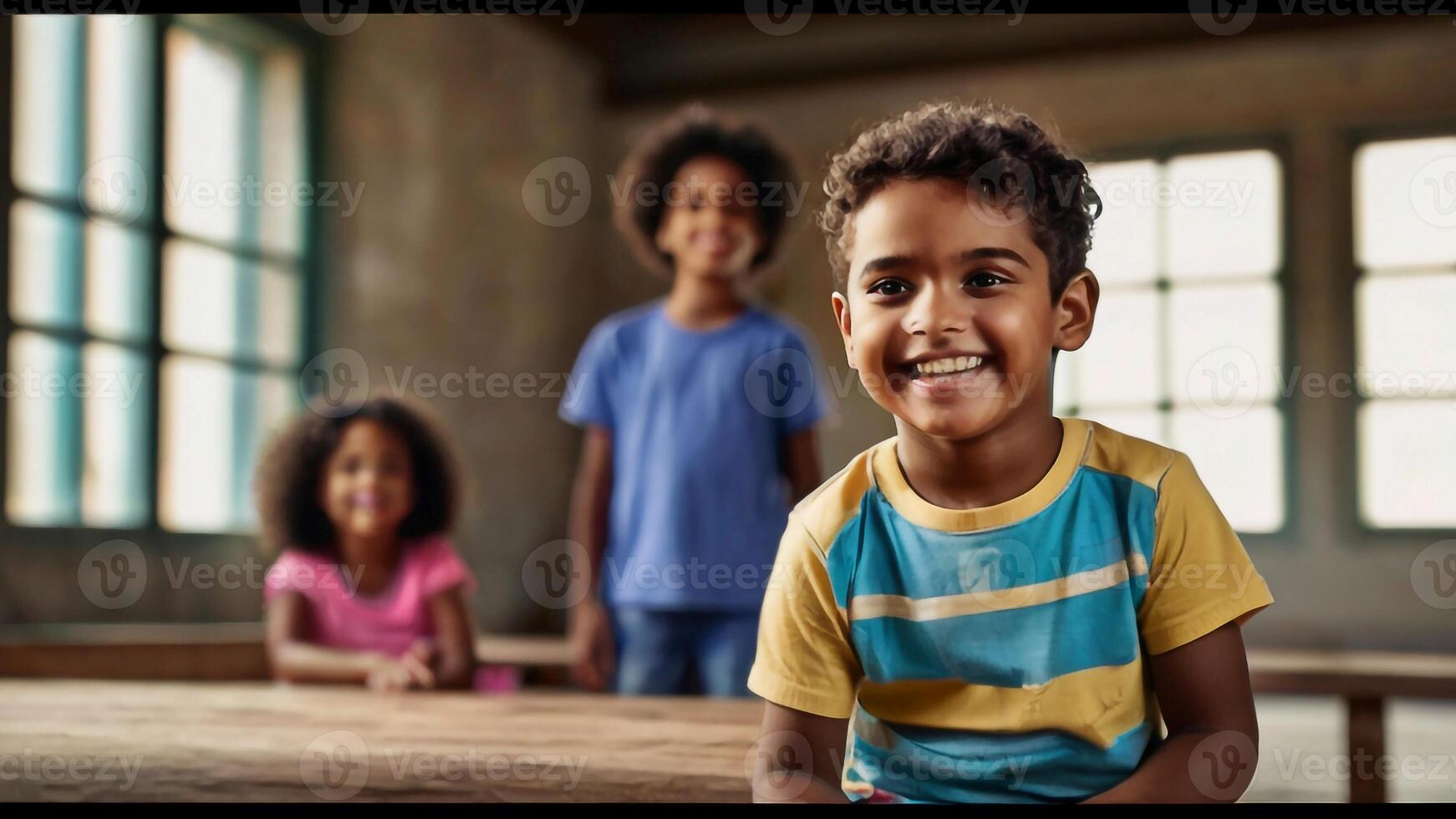 ai generado un joven chico sonrisas mientras sentado a un mesa foto