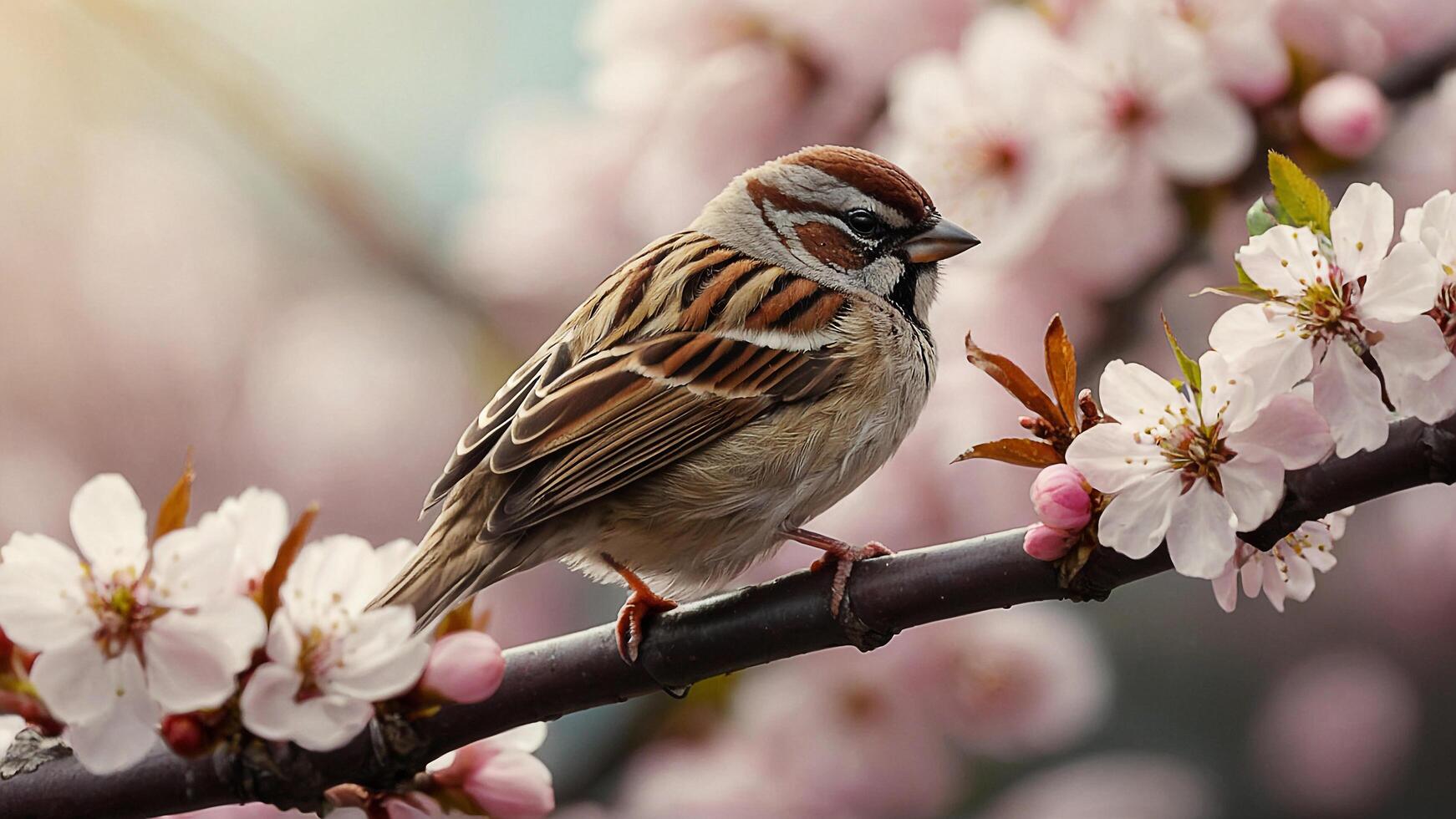 AI generated a bird is sitting on a branch with flowers photo