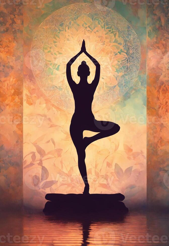AI generated Silhouette of young woman practicing yoga on the beach at sunset. ai generative photo