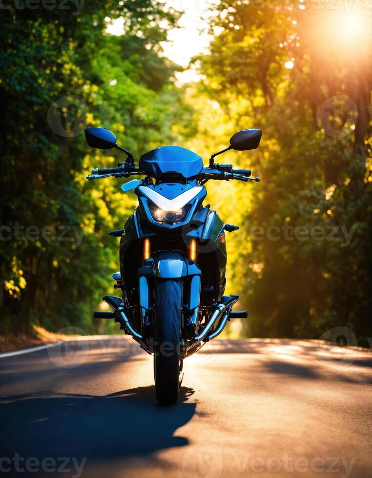AI generated Motorcyclist riding a motorcycle on a country road at sunset. ai generative photo
