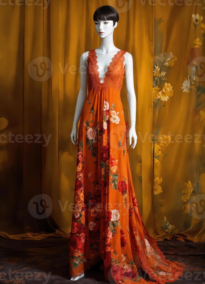 AI generated Fashionable evening orange summer dress on a mannequin. ai generative. ai generative photo