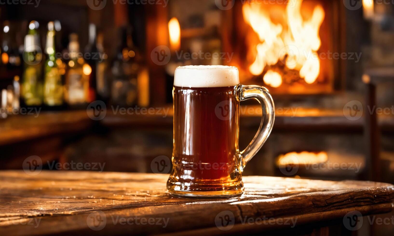 AI generated Mug of beer on a wooden table in a pub or bar. ai generative photo