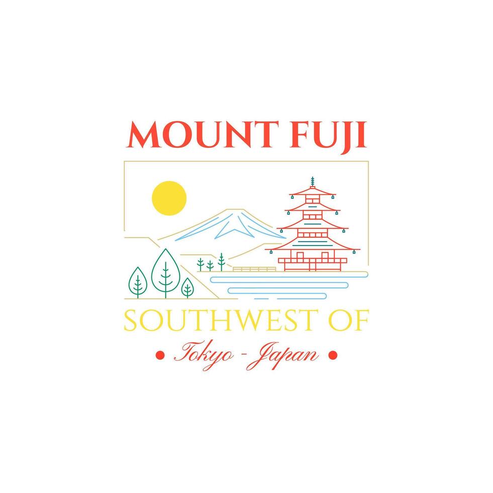 Japanese Landscape. Mount Fuji, Temples, Hills, and Lakes. Vector Illustration