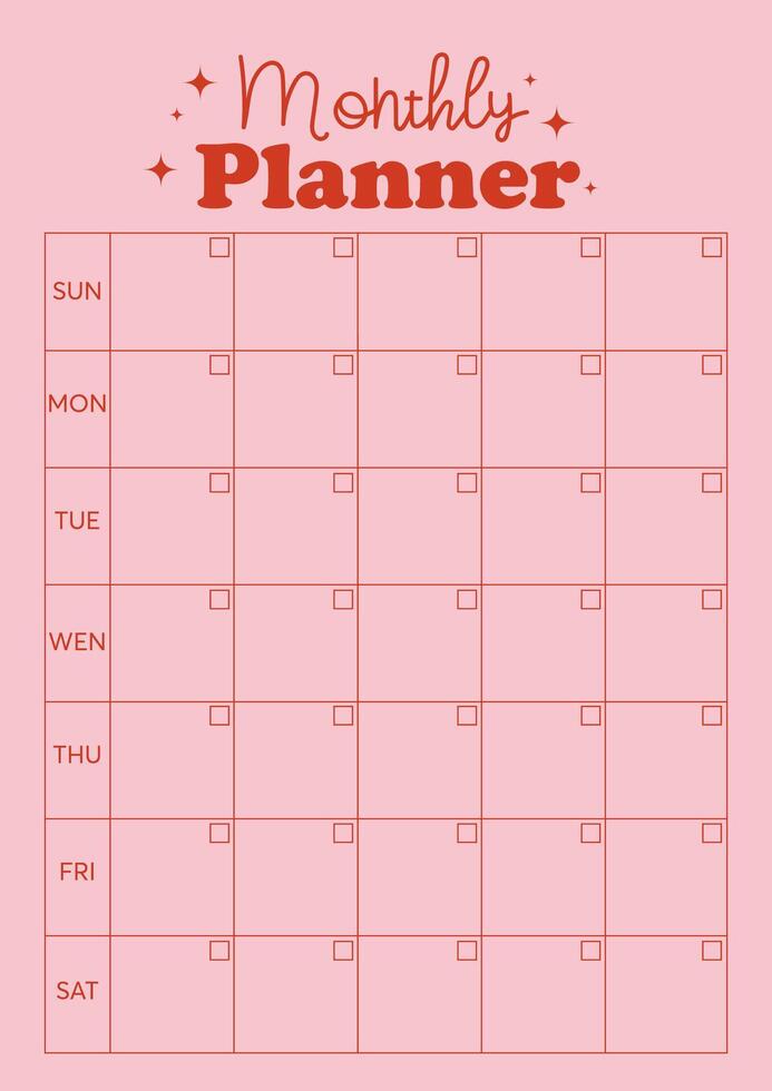 Vector monthly planner template, notebook page, pink background, retro dairy