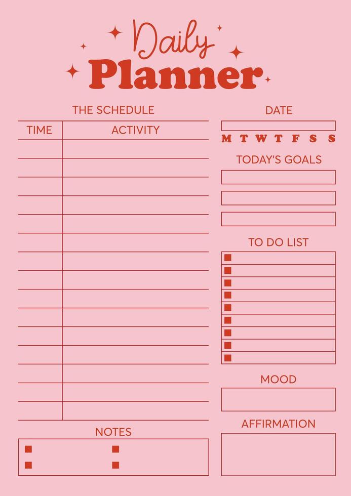 Vector daily planner template with schedule, to do list, notebook page, pink background
