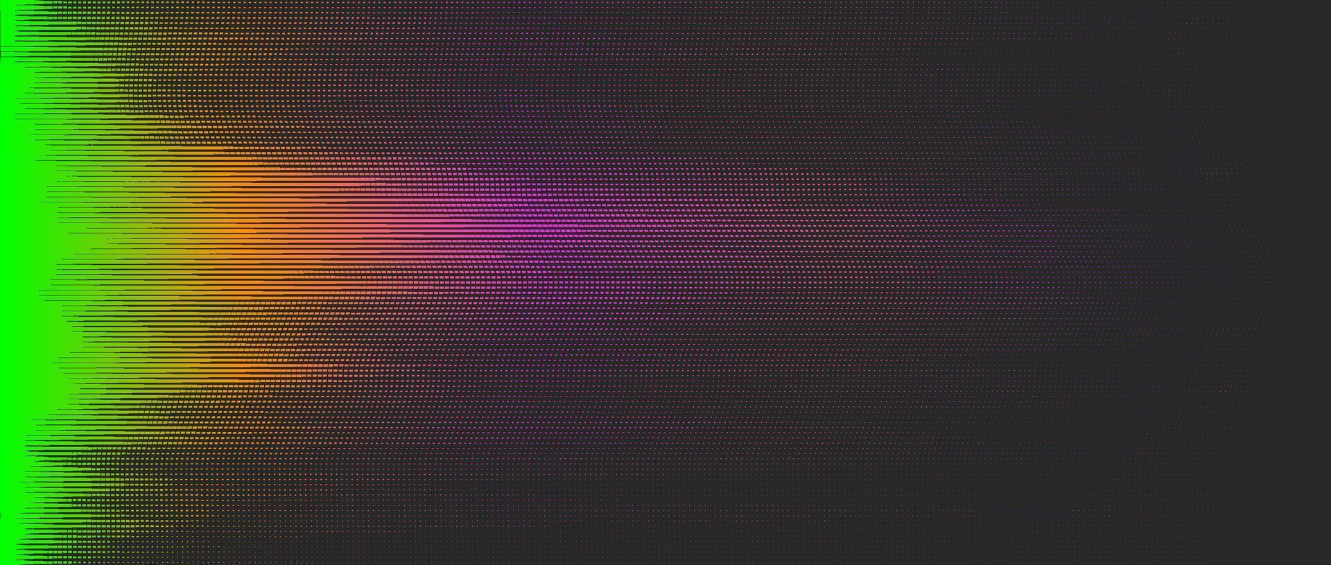 Abstract vector halftone background with grainy, dim horizontal light. Digital spectrum featuring vibrant green, yellow, and magenta hues contrasts on a dark screen. Glowing neon pixels.