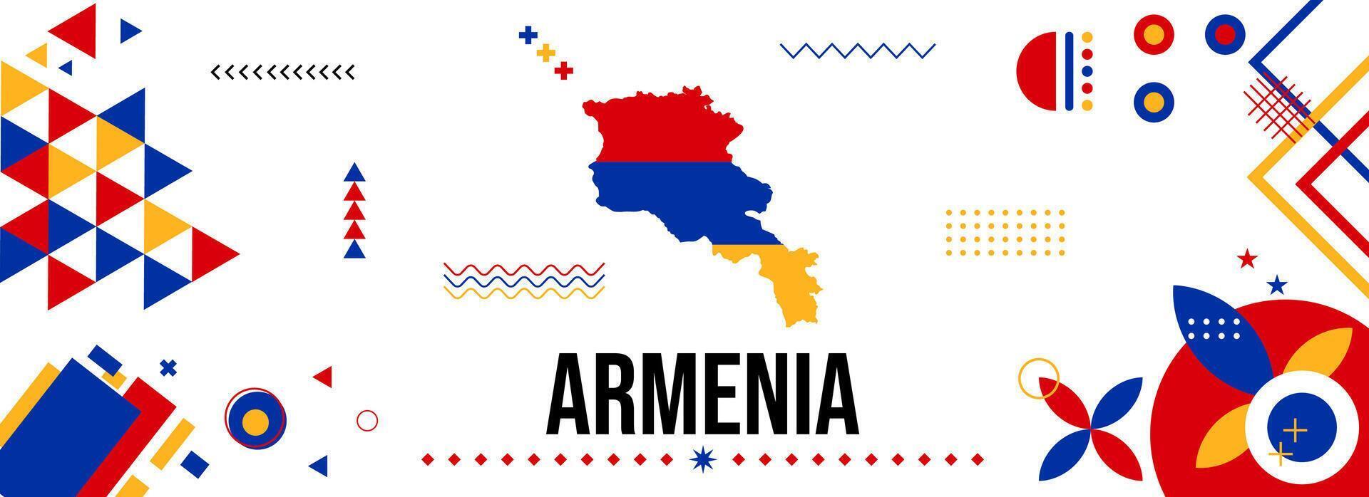 Armenia nacional o independencia día bandera para país celebracion. bandera y mapa de Armenia con moderno retro diseño con tiporgafia resumen geométrico iconos vector ilustración.