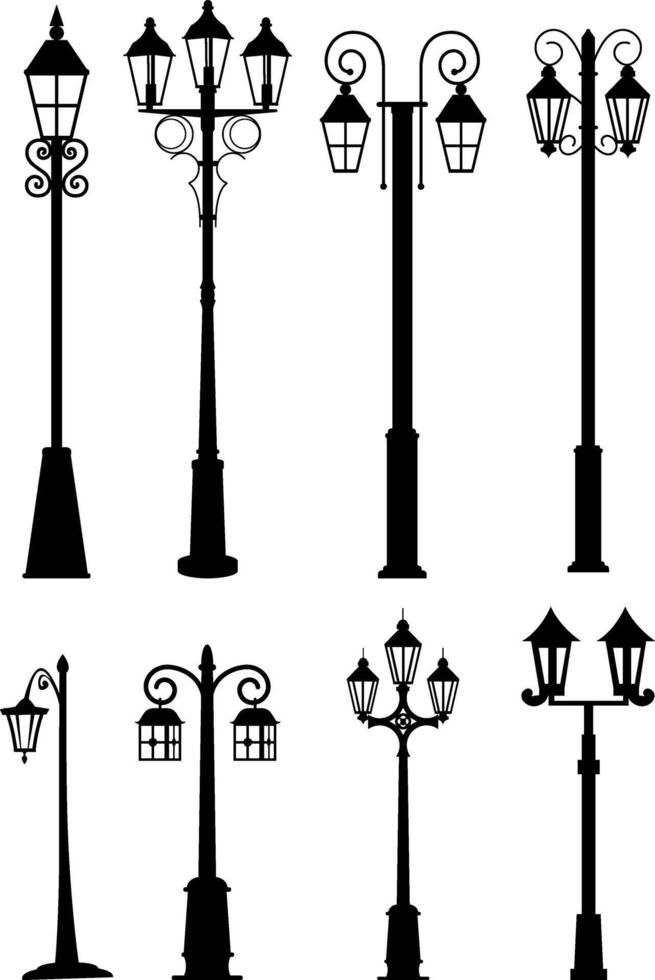 Set of Street Lamps silhouette, Vintage Street Light vector Illustration Isolated on White Background.