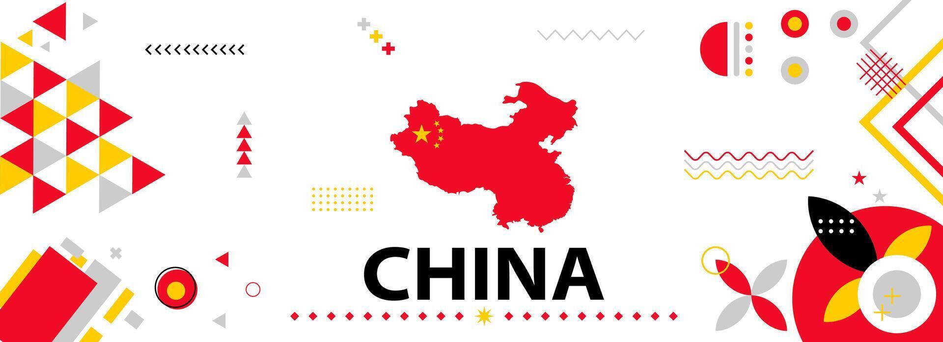 China nacional o independencia día bandera para país celebracion. bandera y mapa de China con moderno retro diseño con tiporgafia resumen geométrico iconos vector ilustración.
