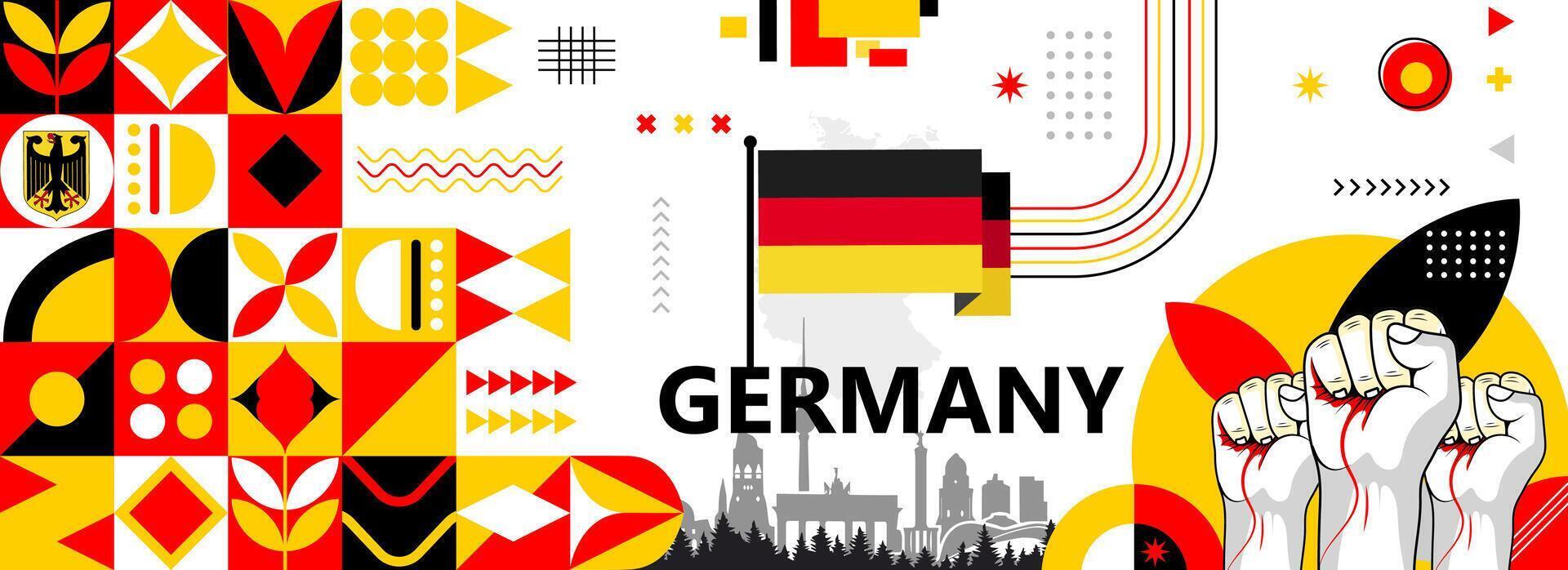 Germany national or independence day banner for country celebration. Flag and map of Germany with raised fists. Modern retro design with typorgaphy abstract geometric icons. Vector illustration