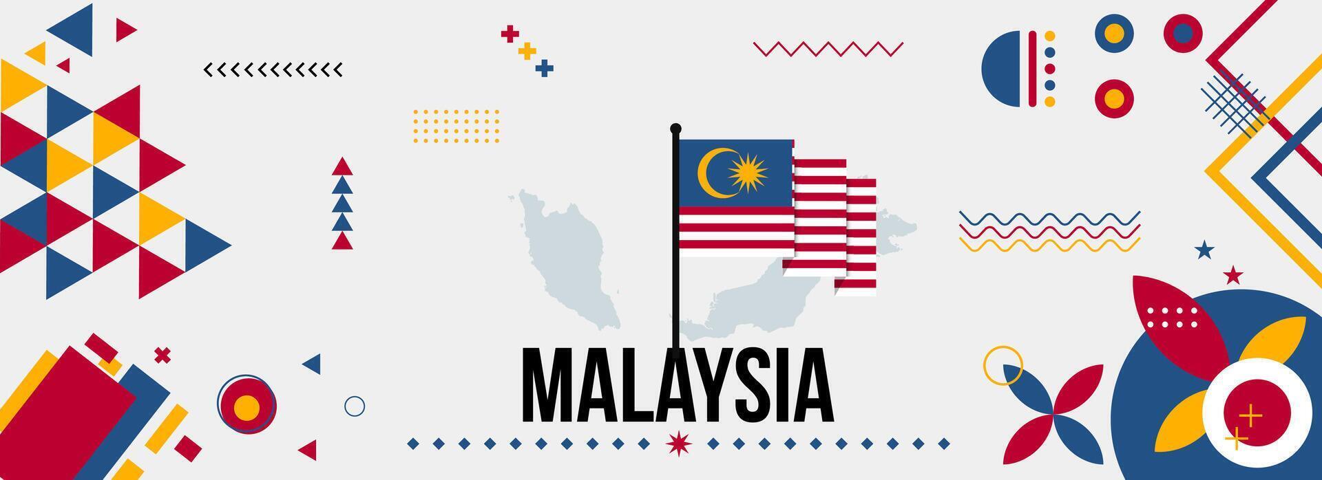 Malaysia national or independence day banner for country celebration. Flag and map of Malaysia with modern retro design with typorgaphy abstract geometric icons. Vector illustration.