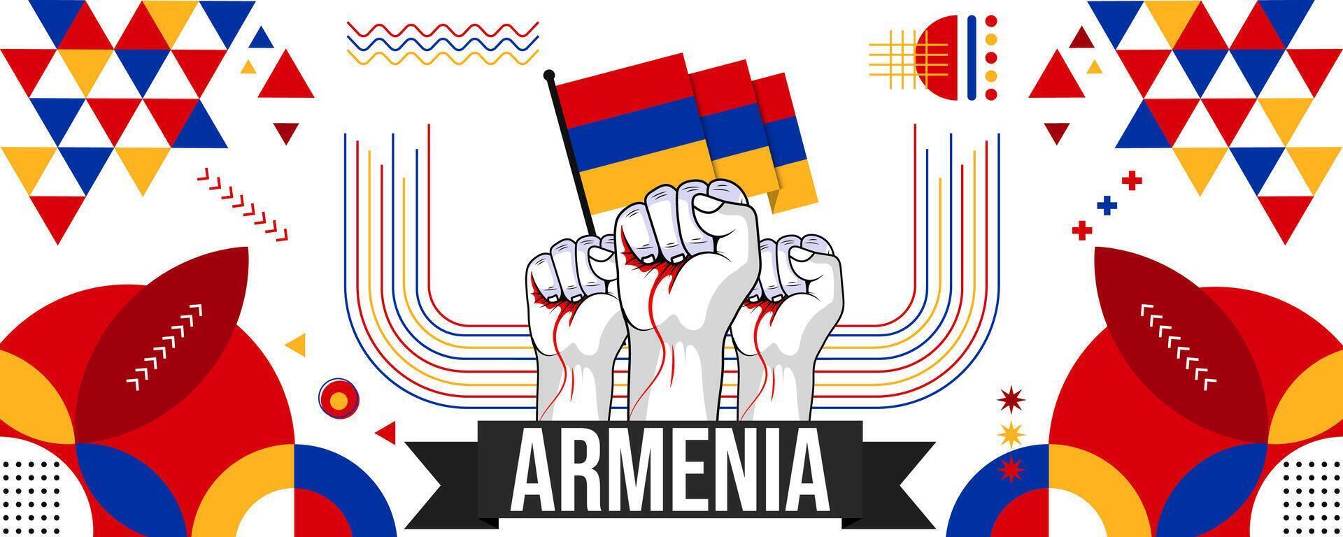 Armenia national or independence day banner for country celebration. Flag of Armenia with raised fists. Modern retro design with typorgaphy abstract geometric icons. Vector illustration.