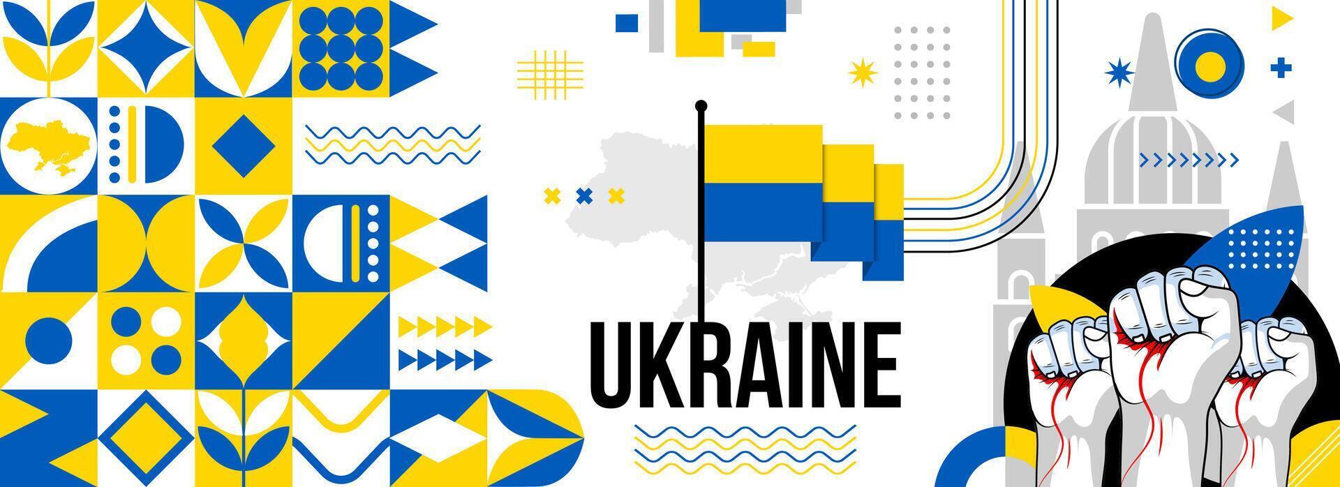 Ukraine national or independence day banner for country celebration. Flag and map of Ukraine with raised fists. Modern retro design with typorgaphy abstract geometric icons. Vector illustration