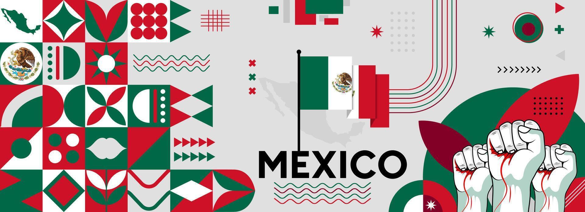 Mexico national or independence day banner for country celebration. Flag and map of Mexico with raised fists. Modern retro design with typorgaphy abstract geometric icons. Vector illustration