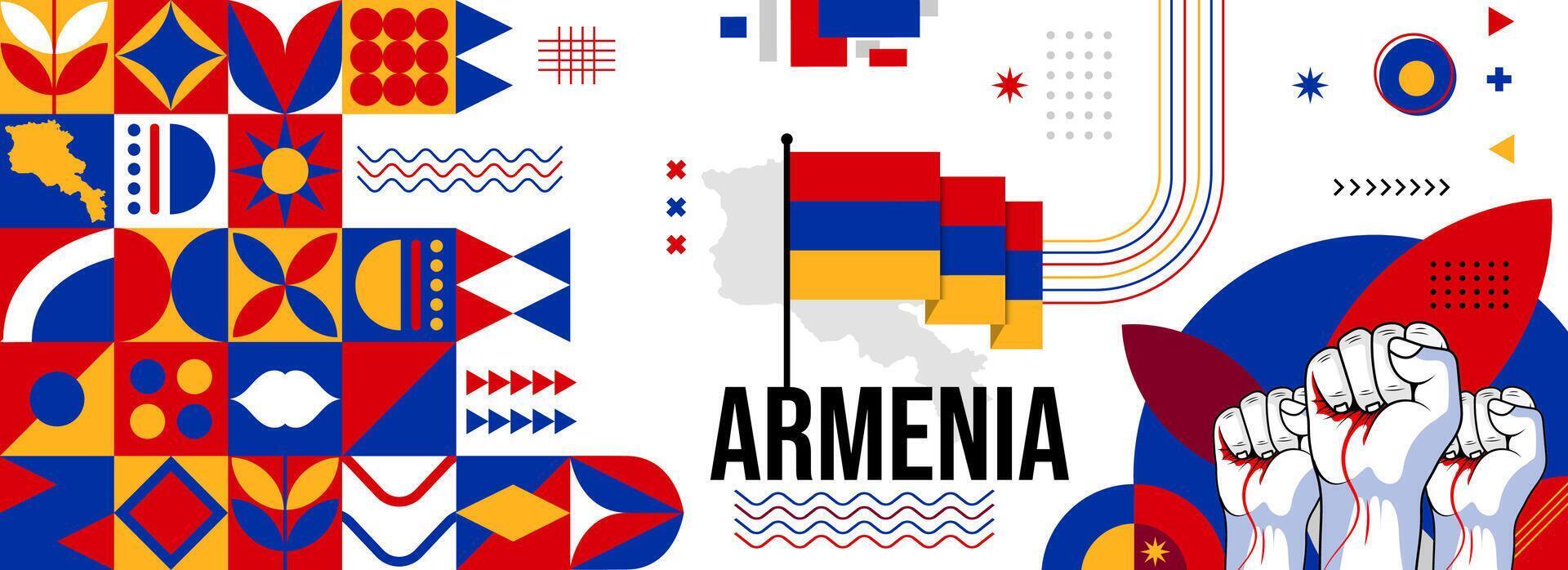 Armenia national or independence day banner for country celebration. Flag and map of Armenia with raised fists. Modern retro design with typorgaphy abstract geometric icons. Vector illustration