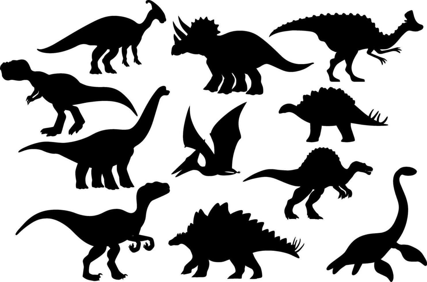 conjunto de diferente dinosaurio siluetas aislado plano vector ilustraciones