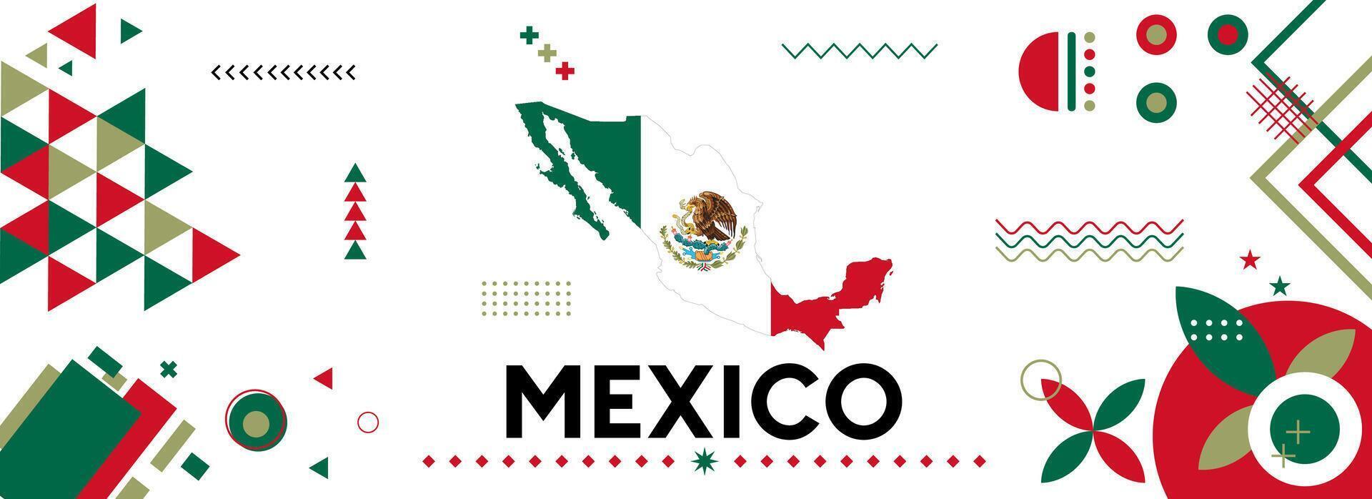 Mexico national or independence day banner for country celebration. Flag and map of Mexico with modern retro design with typorgaphy abstract geometric icons. Vector illustration.