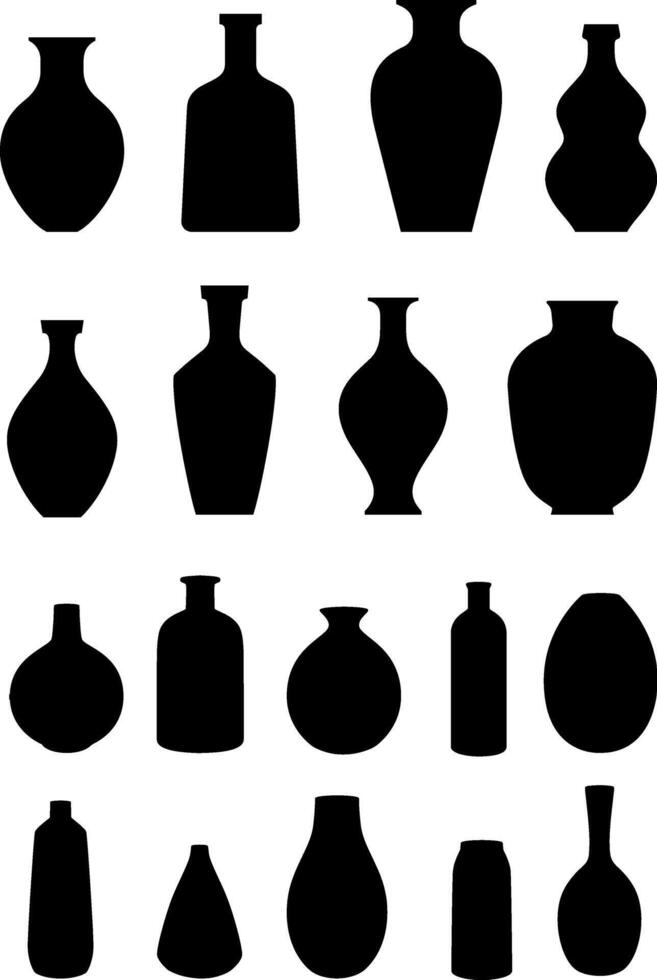 Set of pottery and vases silhouettes , Black pot isolated vector illustrations on white background