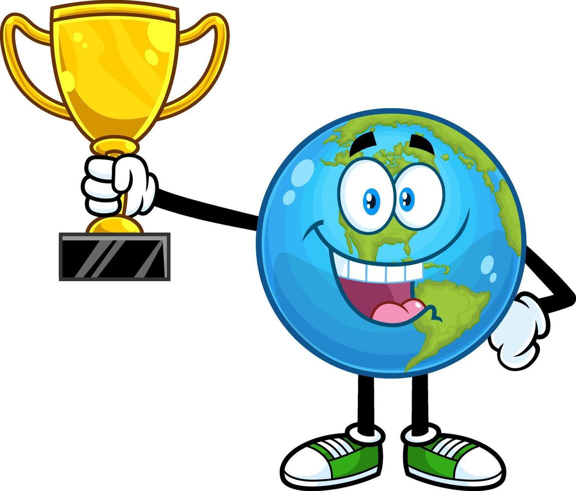 Happy Earth Globe Cartoon Character Holding A Golden Cup. Vector Hand Drawn Illustration Isolated On Transparent Background