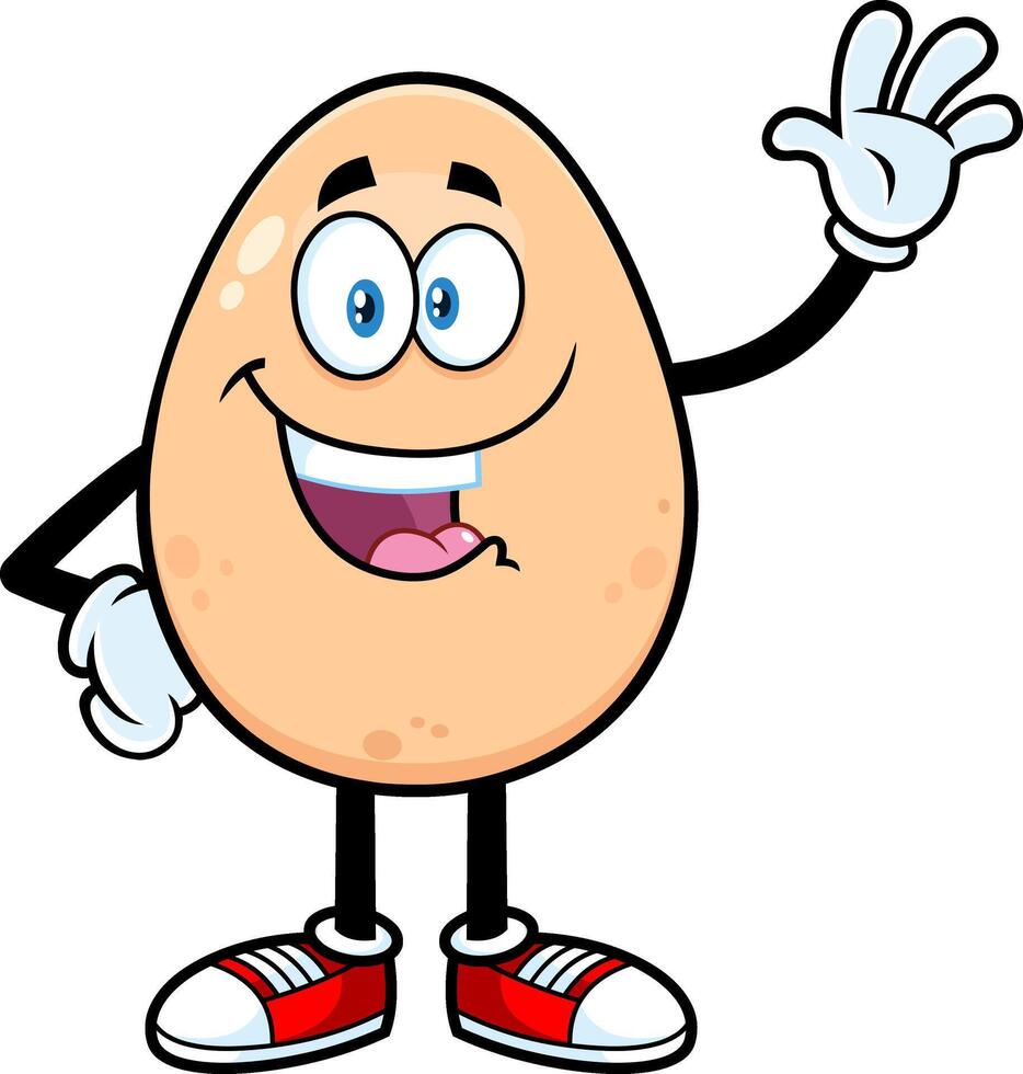 Happy Egg Cartoon Character Waving For Greeting. Vector Illustration Isolated On White Background