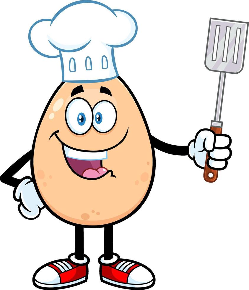 Egg Chef Cartoon Mascot Character Holding A Spatula. Vector Illustration Isolated On White Background