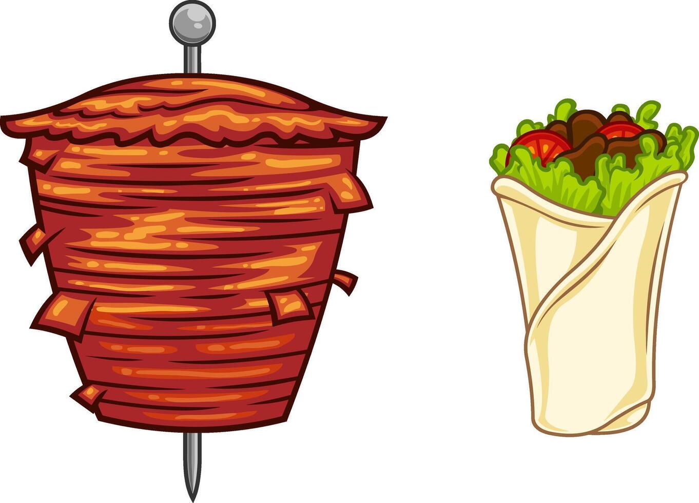 Cartoon Kebab On Skewer Grilling Meat And Doner Kebab. Vector Hand Drawn Illustration Isolated On Transparent Background