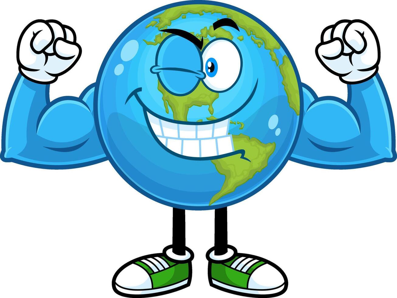 Smiling Earth Globe Cartoon Character Winking And Showing Muscle Arms. Vector Hand Drawn Illustration