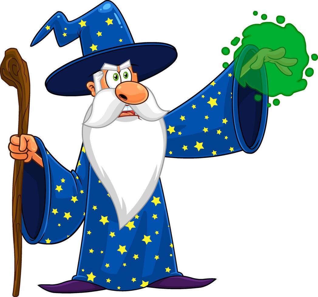 Wizard Cartoon Character With A Cane Making Magic. Vector Illustration Isolated On Transparent Background