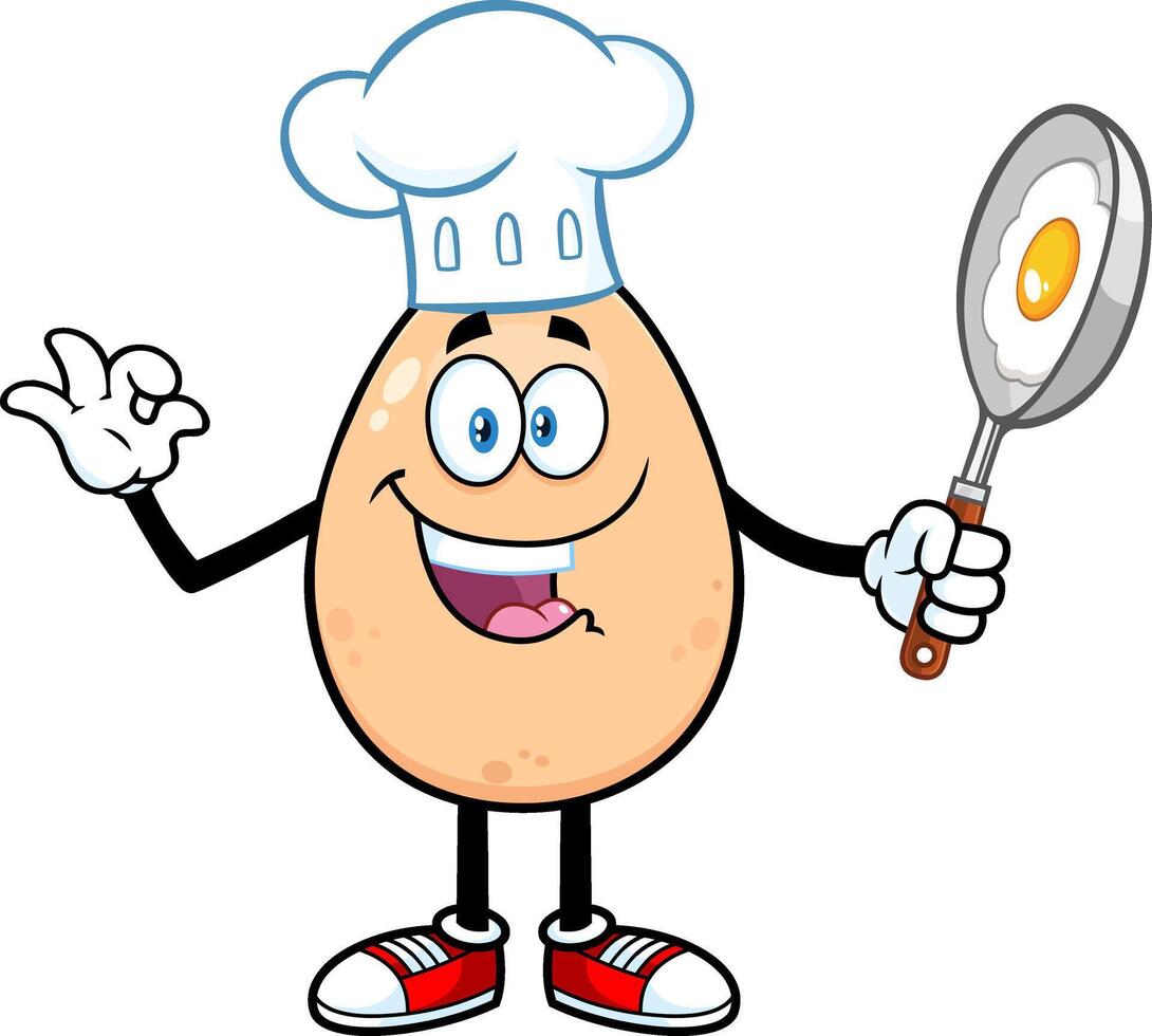 Egg Chef Cartoon Character Gesturing Ok And Holding A Frying Pan. Vector Illustration Isolated On White Background
