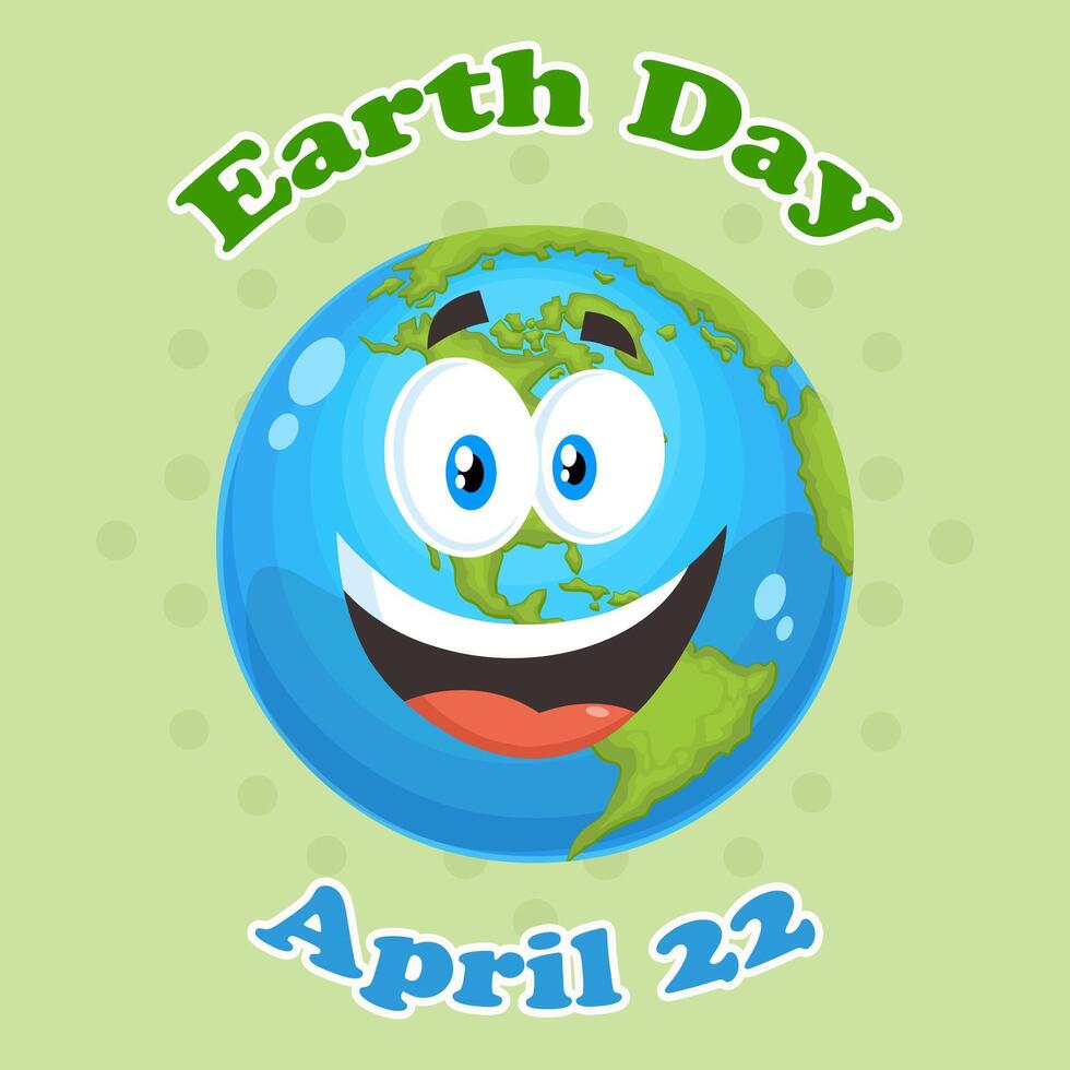 Happy Earth Globe Cartoon Character. Vector Flat Design Illustration With Background And Text