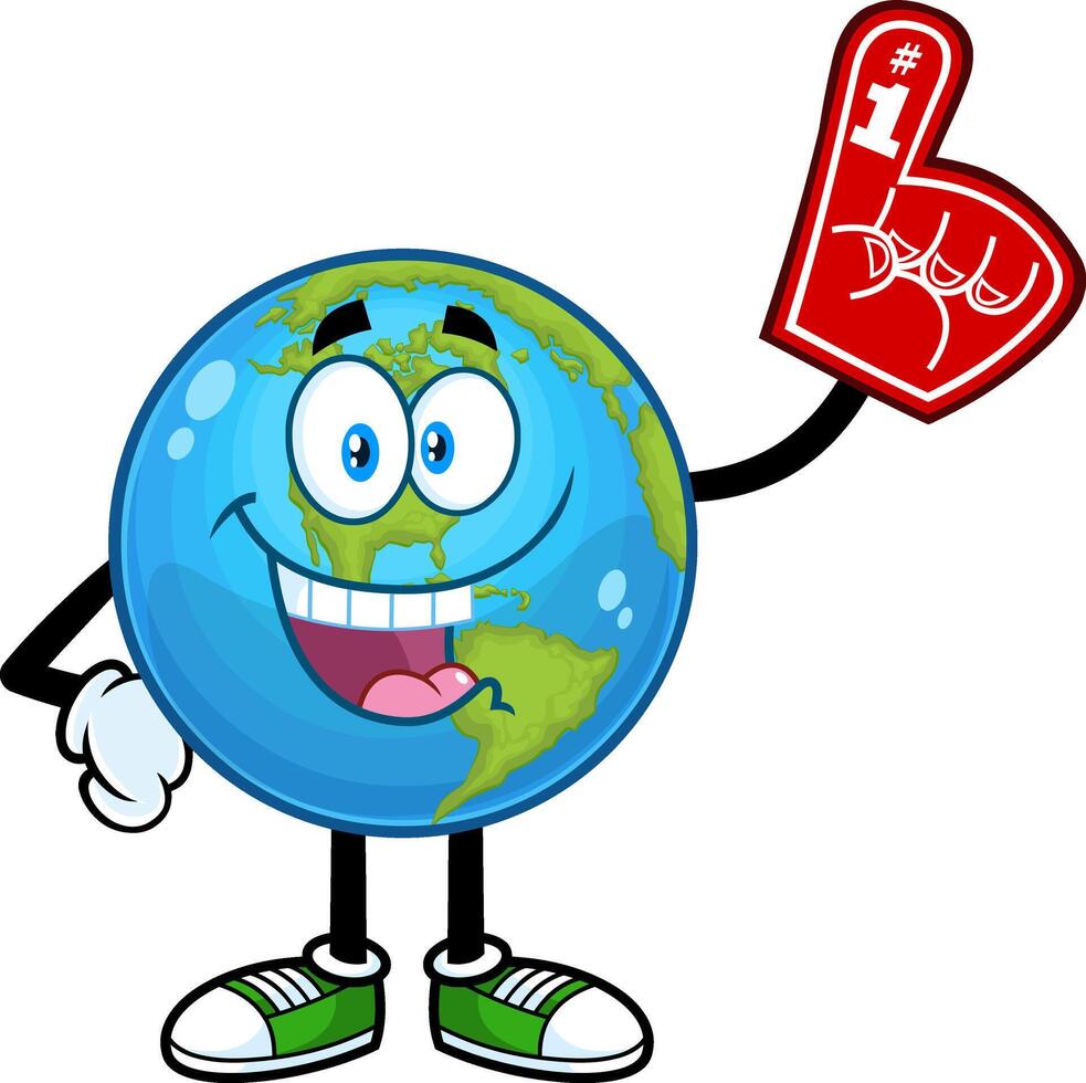 Happy Earth Globe Cartoon Character Wearing A Foam Finger. Vector Hand Drawn Illustration Isolated On Transparent Background