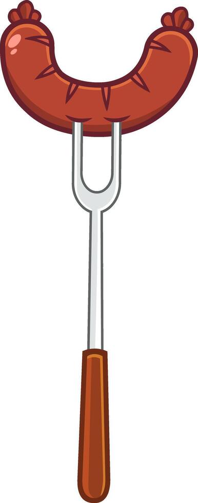 Cartoon Fork With Sausage. Vector Hand Drawn Illustration Isolated On Transparent Background