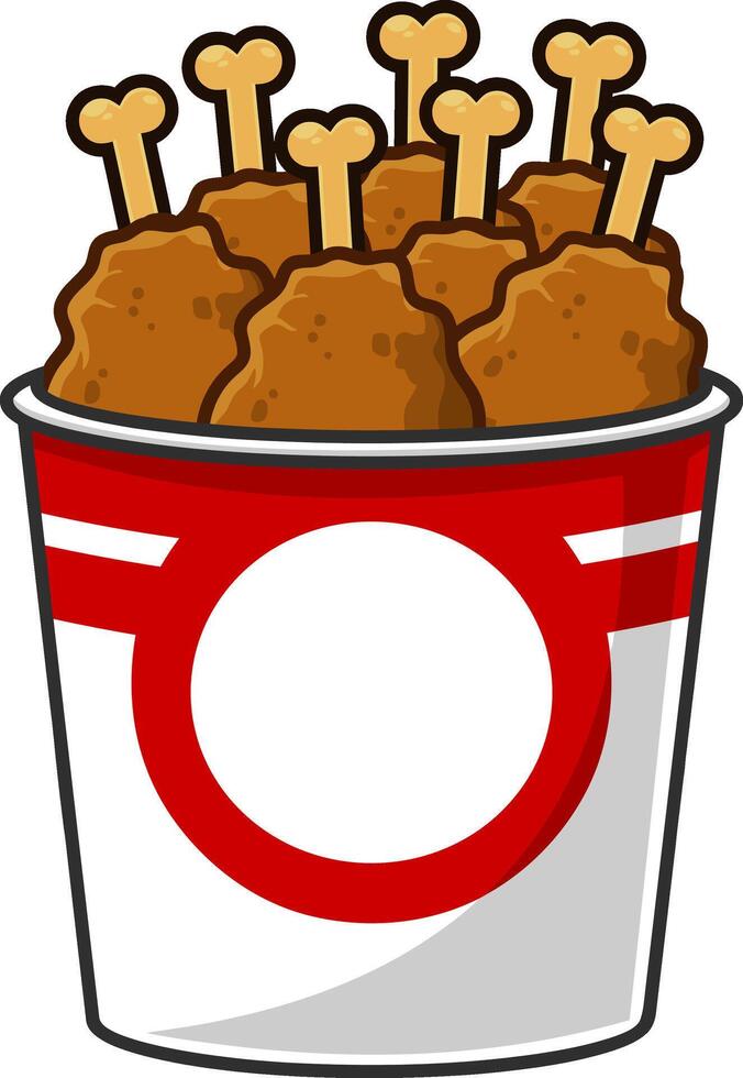 Cartoon Fried Chicken In Bucket. Vector Hand Drawn Illustration Isolated On Transparent Background