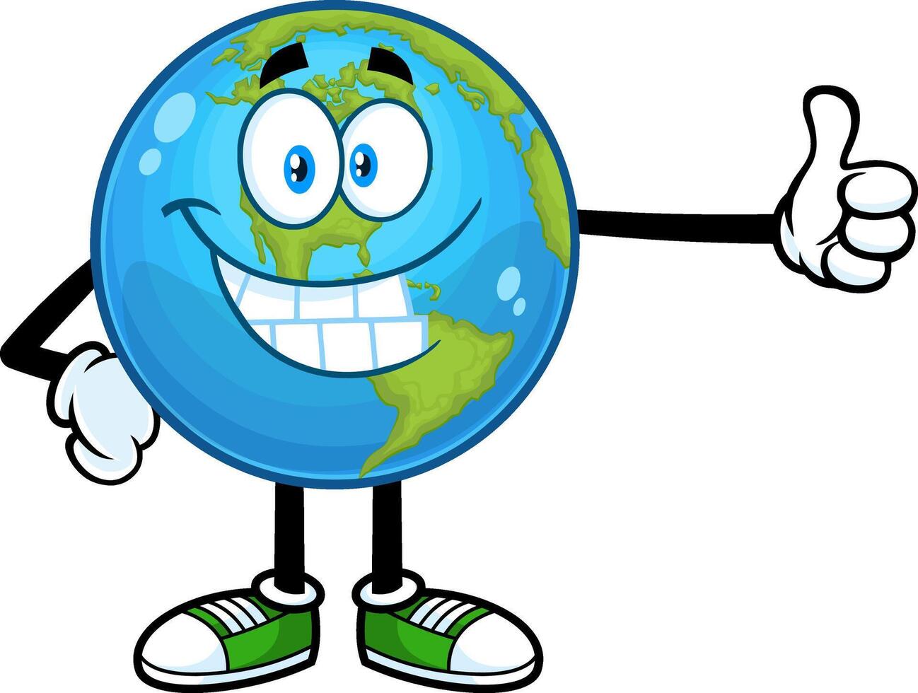 Smiling Earth Globe Cartoon Character Showing Thumbs Up. Vector Hand Drawn Illustration Isolated On Transparent Background