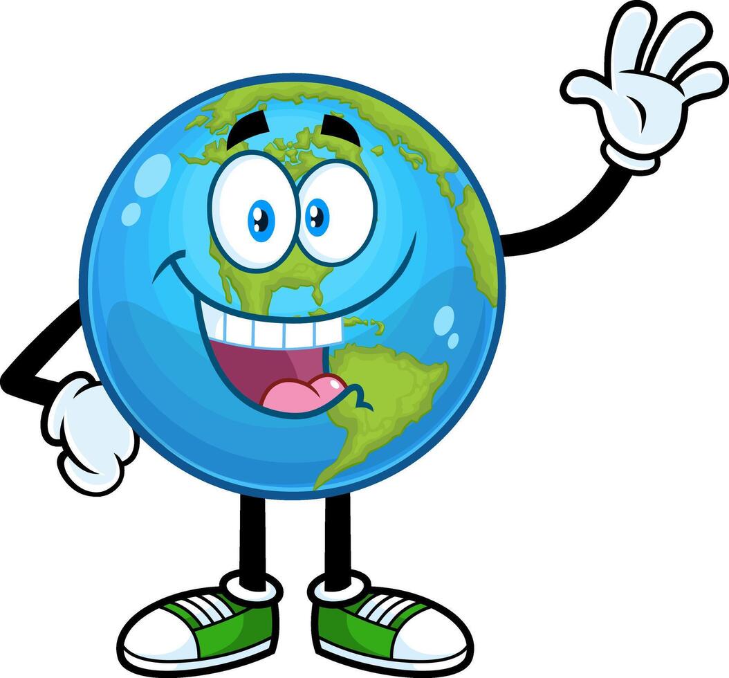 Happy Earth Globe Cartoon Character Waving For Greeting. Vector Hand Drawn Illustration