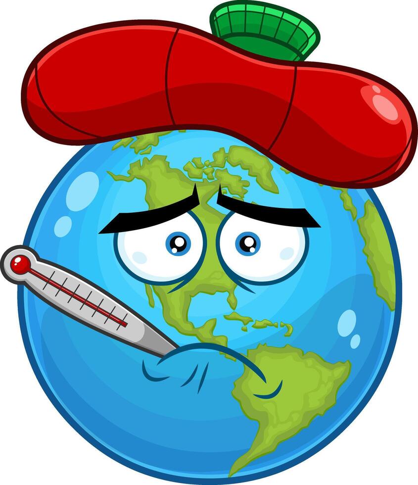 Sick Earth Globe Cartoon Character With Thermometer And Ice Bag. Vector Hand Drawn Illustration Isolated On Transparent Background