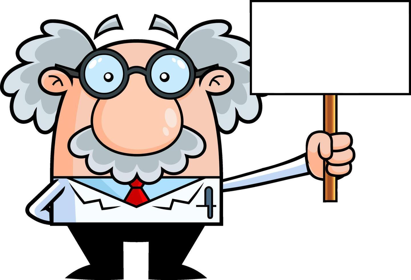 Funny Science Professor Cartoon Character Holding A Blank Sign. Vector Hand Drawn Illustration Isolated On Transparent Background