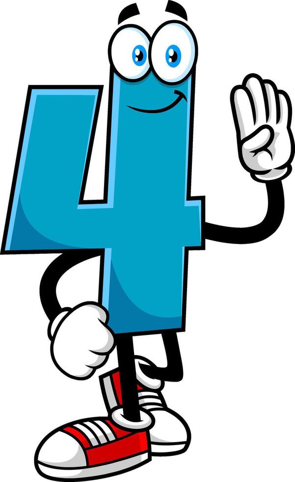 Funny Blue Number Four 4 Cartoon Character Showing Hand Number Four vector