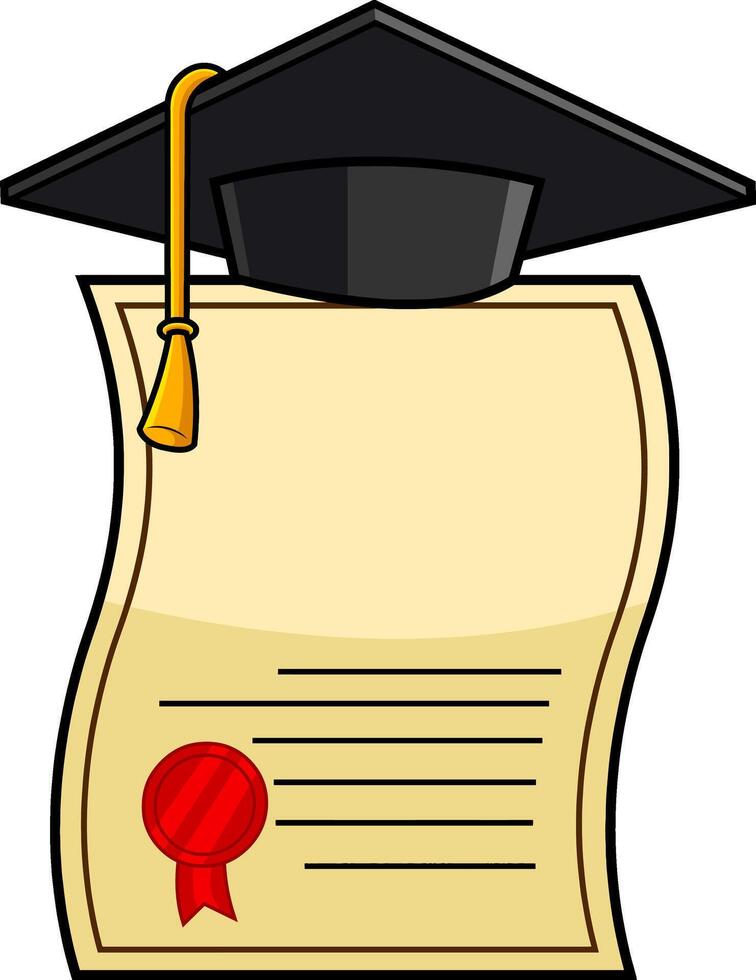 Cartoon Diploma With Graduate Cap. Vector Hand Drawn Illustration Isolated On Transparent Background