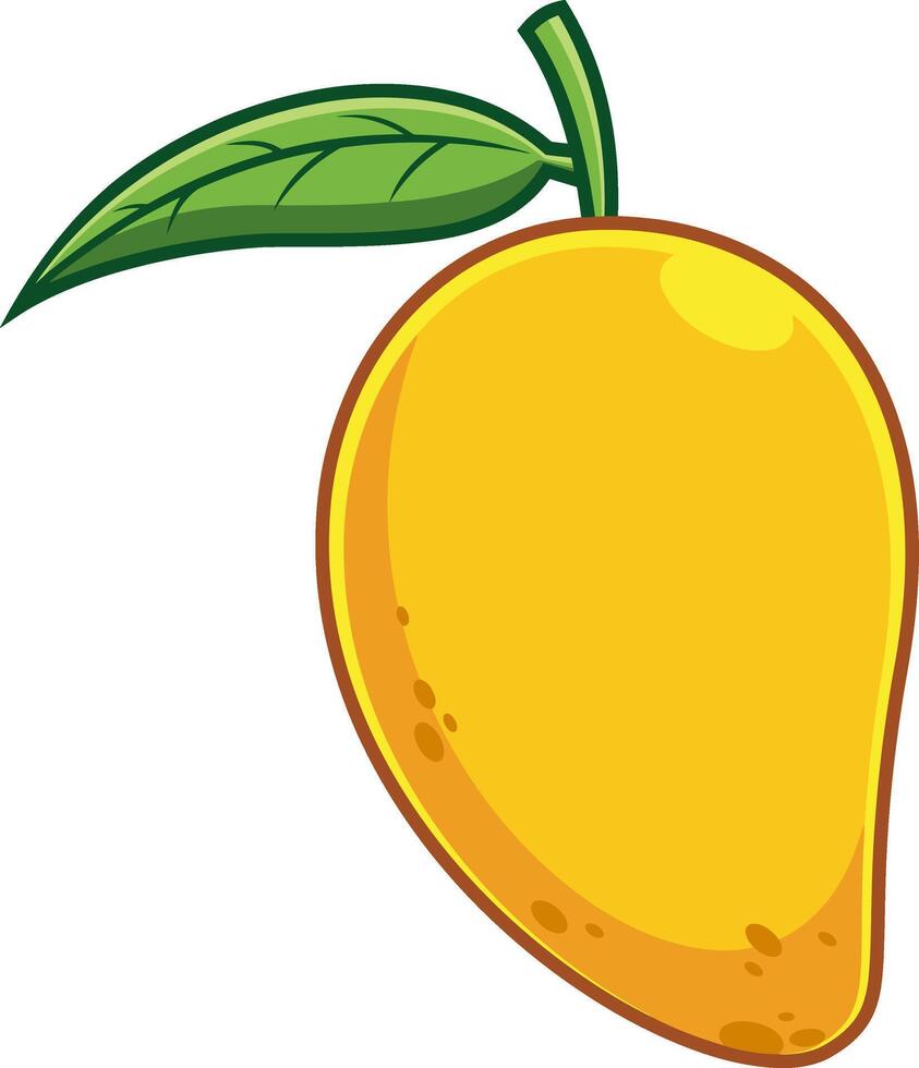 Cartoon Fresh Mango Fruit With A Leaf. Vector Hand Drawn Illustration Isolated On Transparent Background