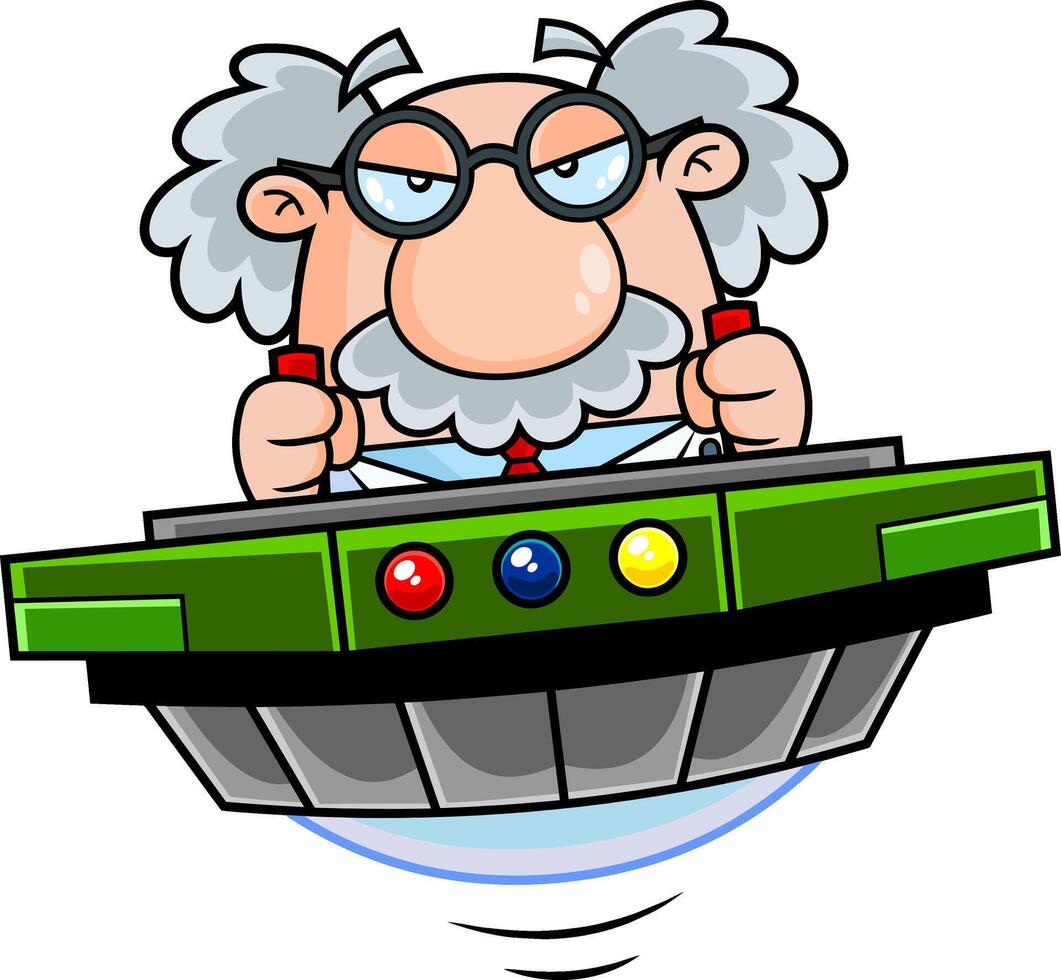 Funny Science Professor Cartoon Character Flying With A Spaceship. Vector Hand Drawn Illustration Isolated On Transparent Background