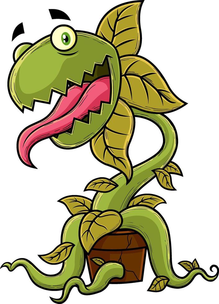 Hungry Evil Carnivorous Plant Cartoon Character. Vector Hand Drawn Illustration Isolated On Transparent Background