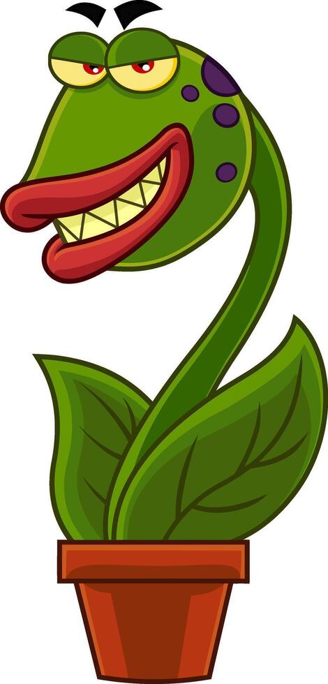 Evil Carnivorous Plant Cartoon Character. Vector Hand Drawn Illustration Isolated On Transparent Background