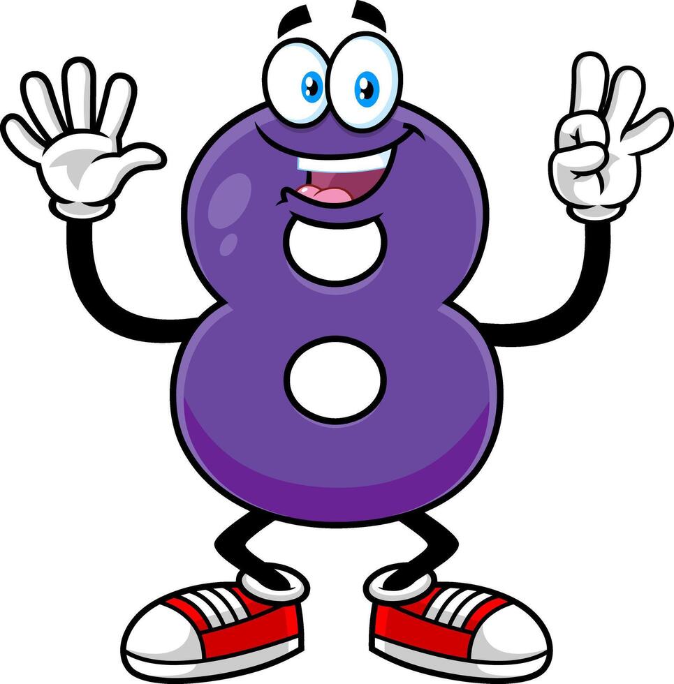 Funny Purple Number Eight 8 Cartoon Character Showing Hands Number Eight. Vector Hand Drawn Illustration Isolated On Transparent Background