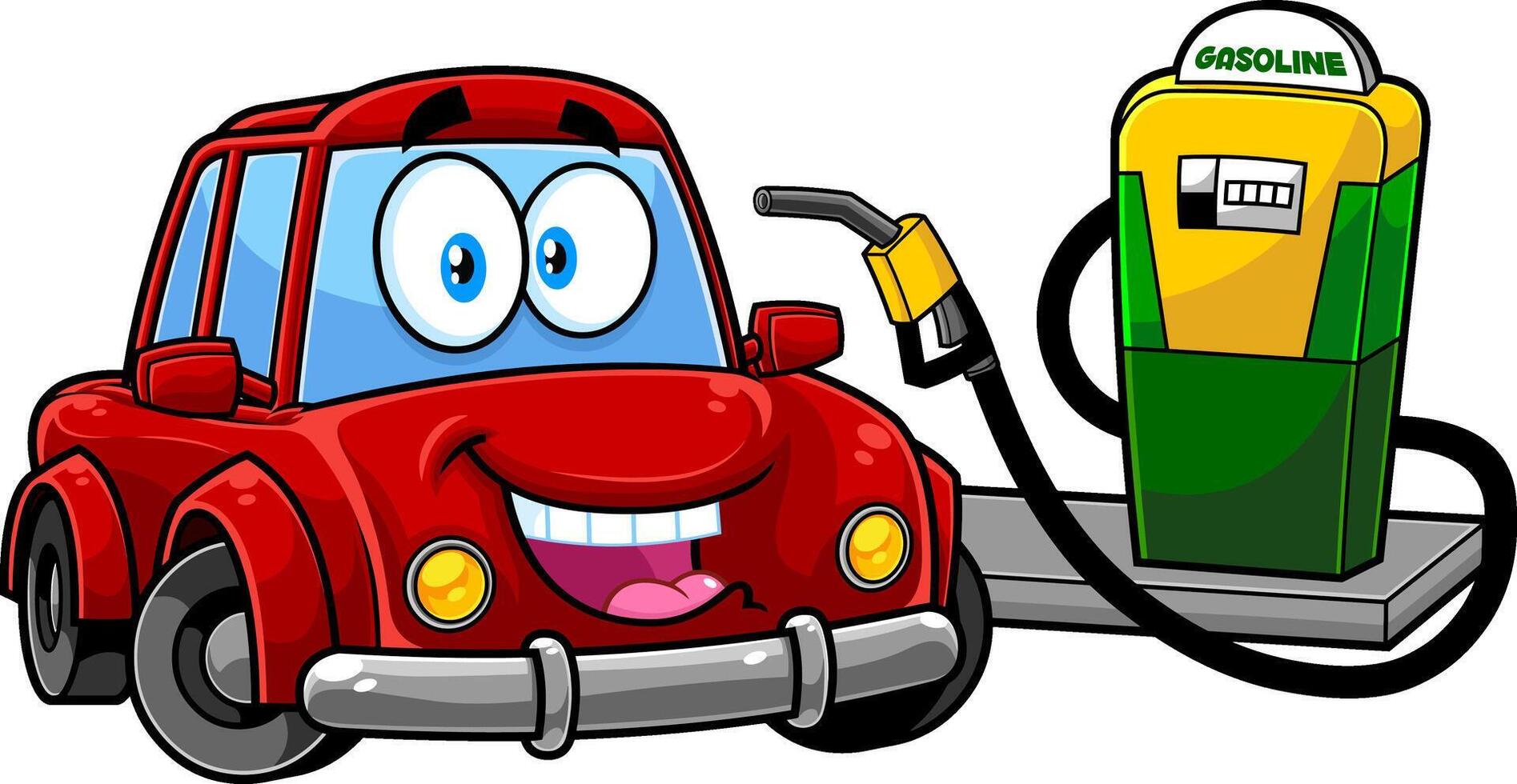 Happy Cute Car Cartoon Character At Gas Station Being Filled With Fuel. Vector Hand Drawn Illustration Isolated On Transparent Background