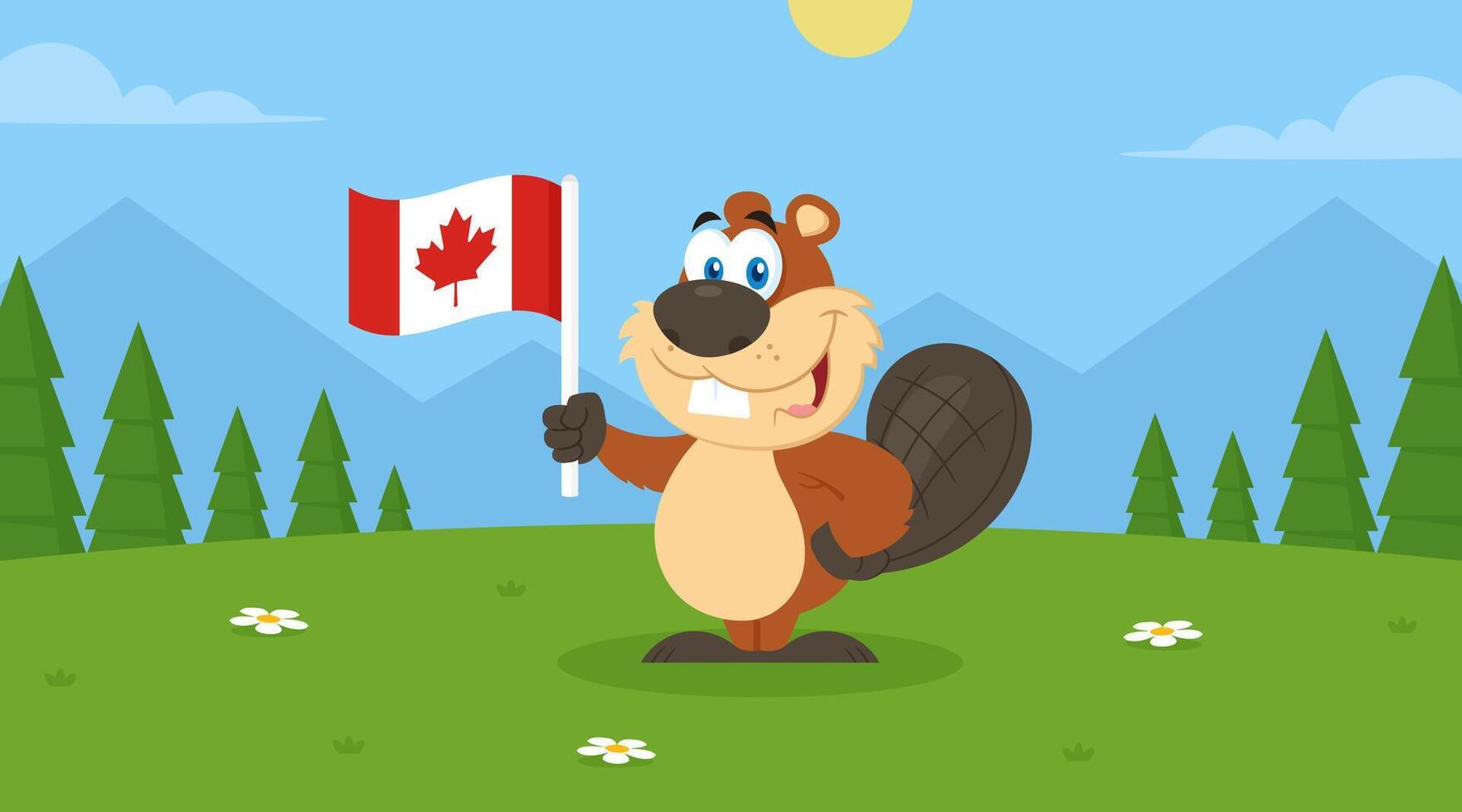 Cute Beaver Cartoon Mascot Character Holding A Canadian Flag. Vector Flat Design Illustration With Landscape Background