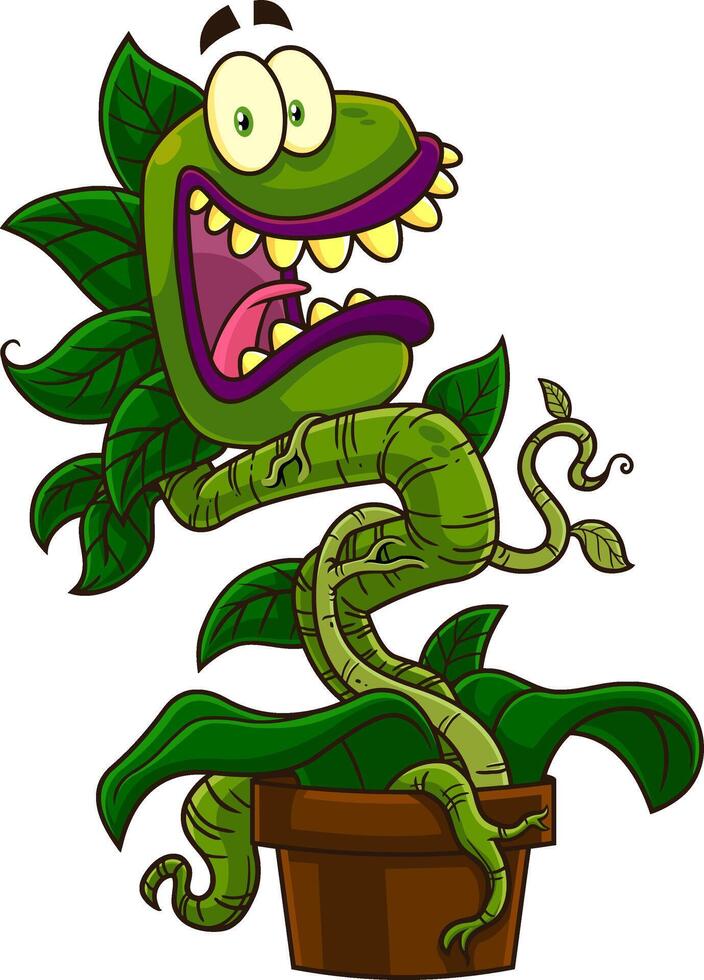 Scared Evil Carnivorous Plant Cartoon Character. Vector Hand Drawn Illustration Isolated On Transparent Background