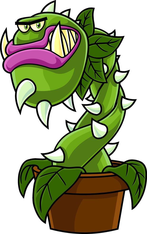 Angry Evil Carnivorous Plant Cartoon Character. Vector Hand Drawn Illustration Isolated On Transparent Background