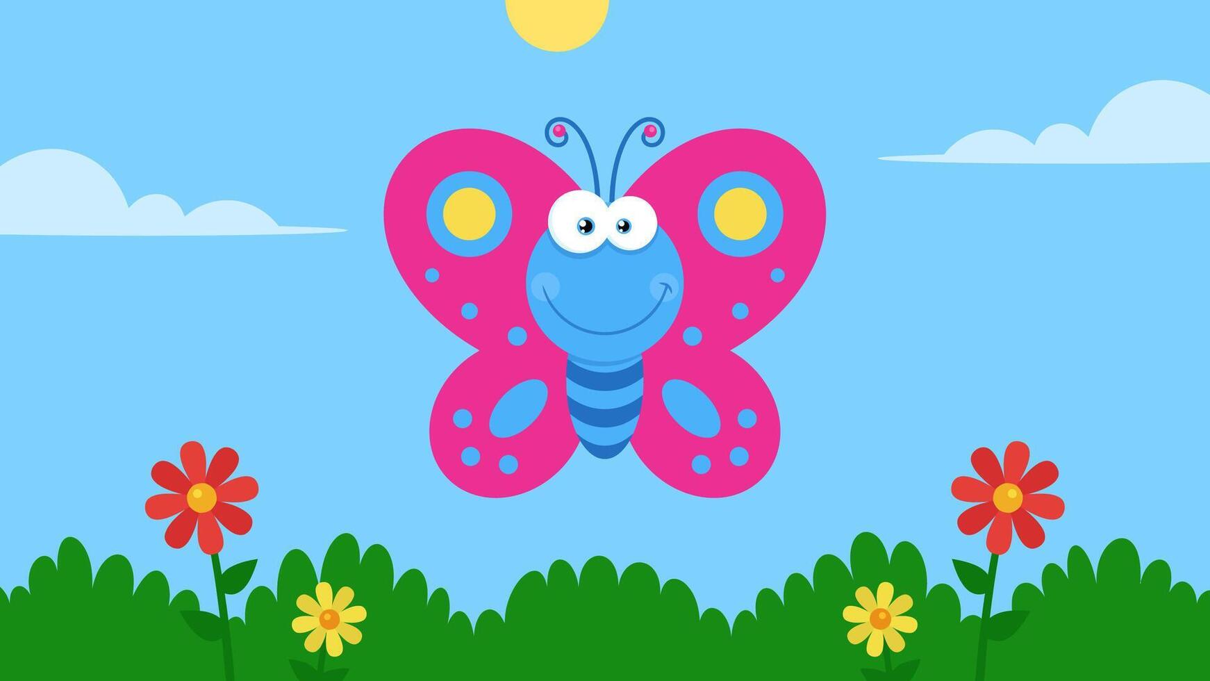 linda mariposa dibujos animados personaje volador. vector plano diseño ilustración con jardín antecedentes