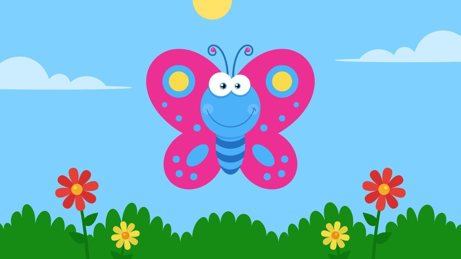 Cute Butterfly Cartoon Character Flying. Vector Flat Design Illustration With Garden Background